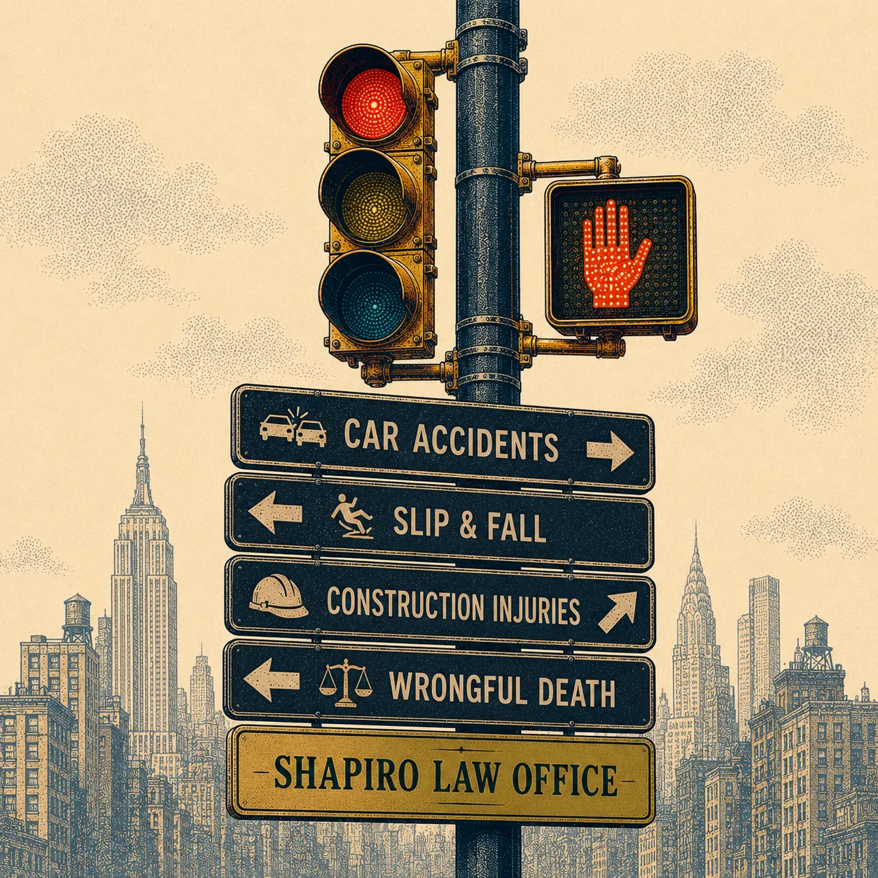 NYC traffic light and practice-area street signs illustration
